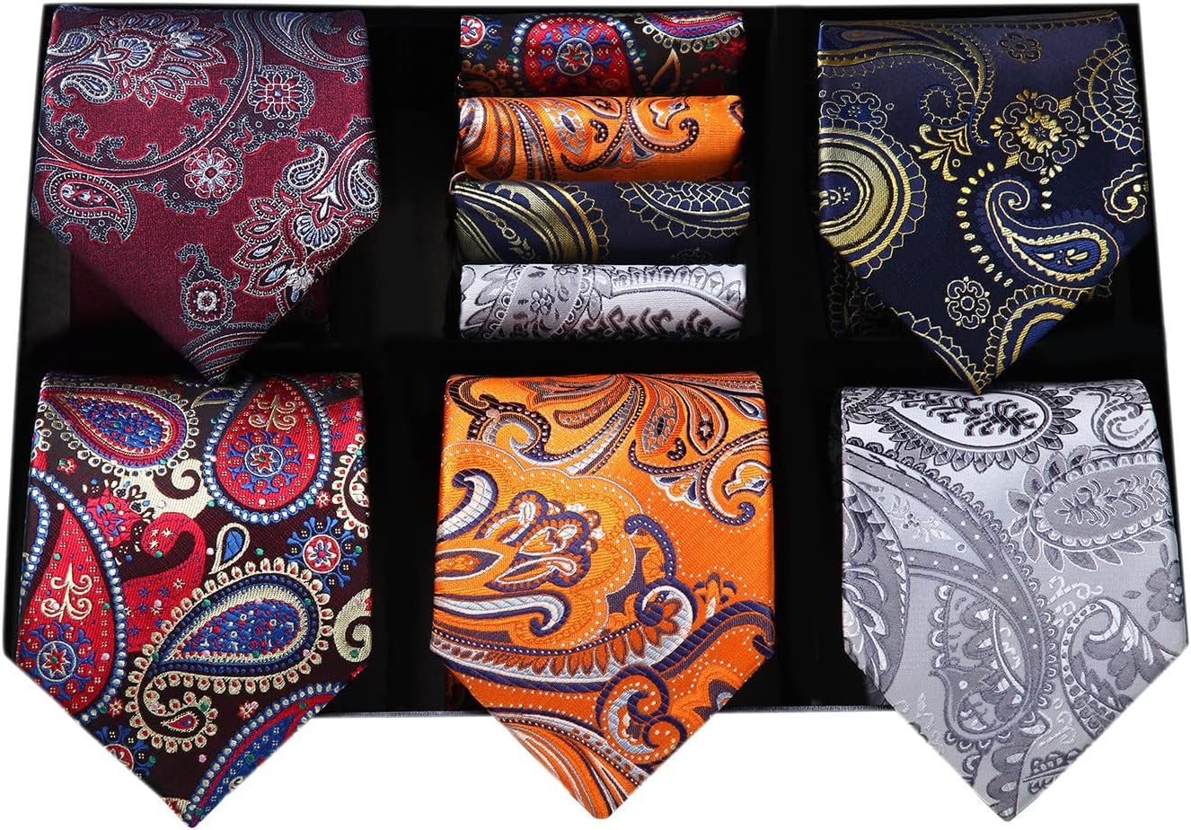 Mens Ties Set 5PCS Collection Tie with Pocket Sqaure Formal Business Necktie Present Box Neckties Set for Men