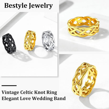 Celtic Rings in Three Classic Style, Solid Stainless Steel Band Ring in Gold/Silver/Black Tone, Simple Celtic Knot Eternity Finger Ring for Friendnship Wedding Engagement Promise