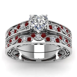 Exquisite Heart White Sapphire Wedding Ring Ruby Bridal Engagement Ring Set Wedding Band Anniversary Promise Jewelry Gift