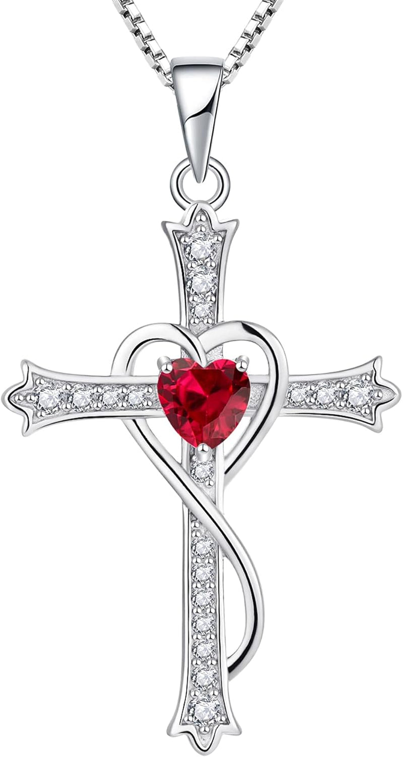 Heart Cross Necklace 925 Sterling Silver Birthstone Twisted Pendant Jewelry for Women