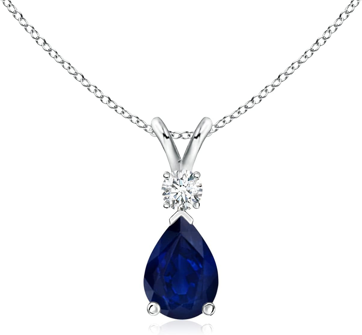 Natural 0.75 Carat Blue Sapphire Teardrop Pendant Necklace for Women with Diamond in 14K White Gold with 18 Inch Chain | September Birthstone Jewelry Gift - WORLD TIME VISITS