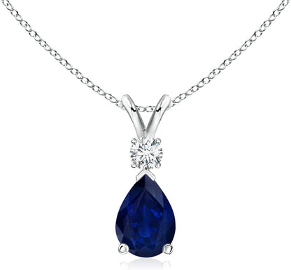 Natural 0.75 Carat Blue Sapphire Teardrop Pendant Necklace for Women with Diamond in 14K White Gold with 18 Inch Chain | September Birthstone Jewelry Gift - WORLD TIME VISITS