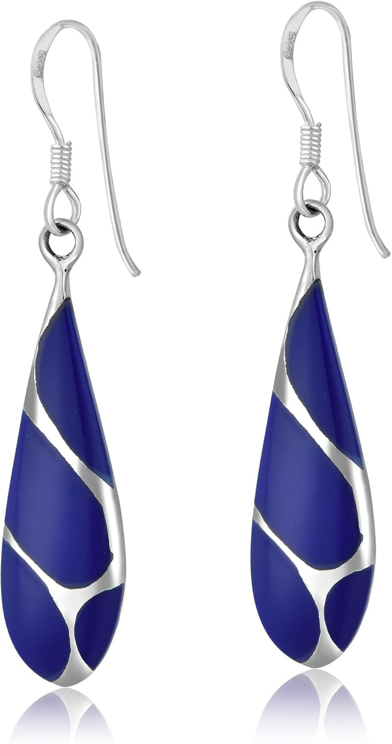 Vintage Lapis Streak Teardrop Birthstone Sterling Silver Earrings, 9X45 Mm - WORLD TIME VISITS