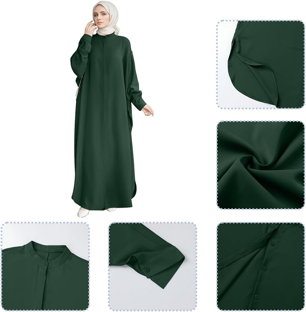 Muslim Dresses for Women Abaya Button down Henley Shirt Prayer Dress Batwing Long Sleeve Middle East Arabian Robe