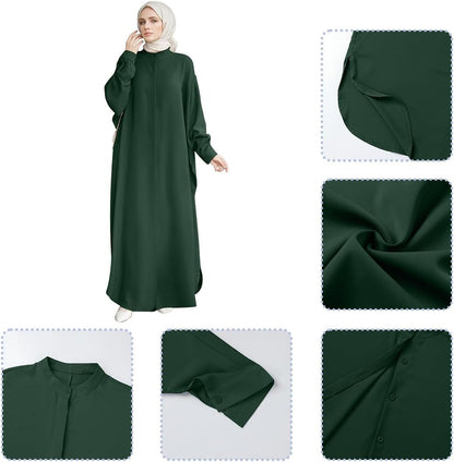 Muslim Dresses for Women Abaya Button down Henley Shirt Prayer Dress Batwing Long Sleeve Middle East Arabian Robe
