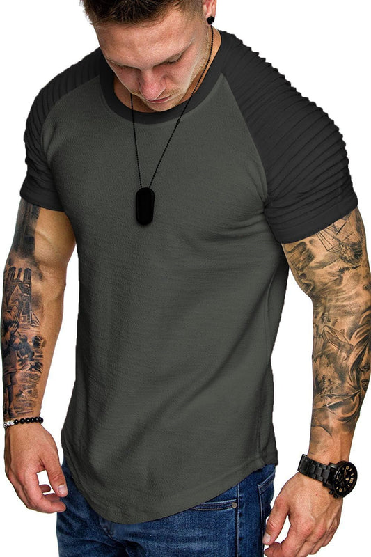 Men'S Muscle T-Shirt Pleated Raglan Sleeve Bodybuilding Gym Tee Short Sleeve Fashion Workout Shirts Hipster Shirt