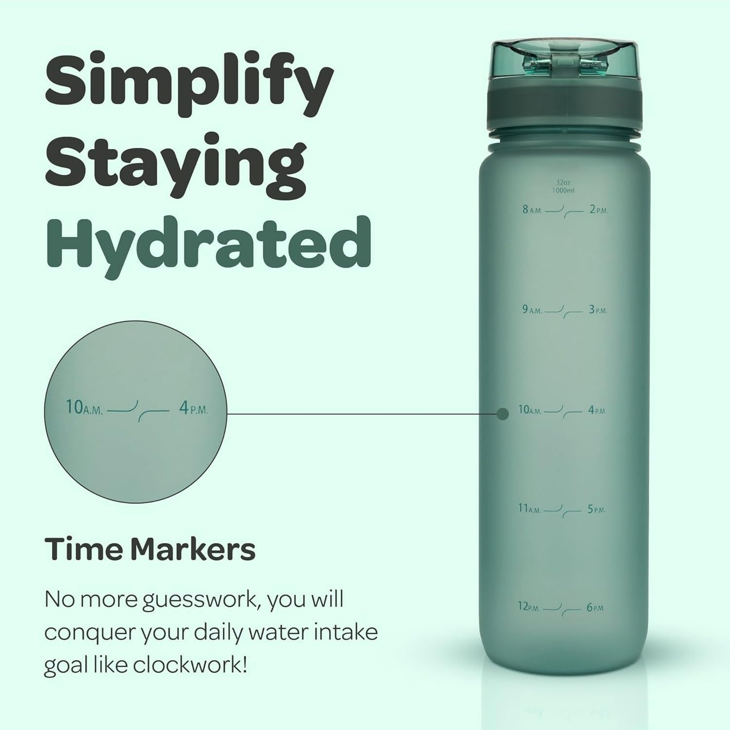 Water Bottle with Time Marker -Large BPA Free Water Bottle & No Sweat Sleeve -Leak Proof Gym Bottle with Fruit Infuser Strainer & Times to Drink -Ideal for Fitness Sports & Outdoors