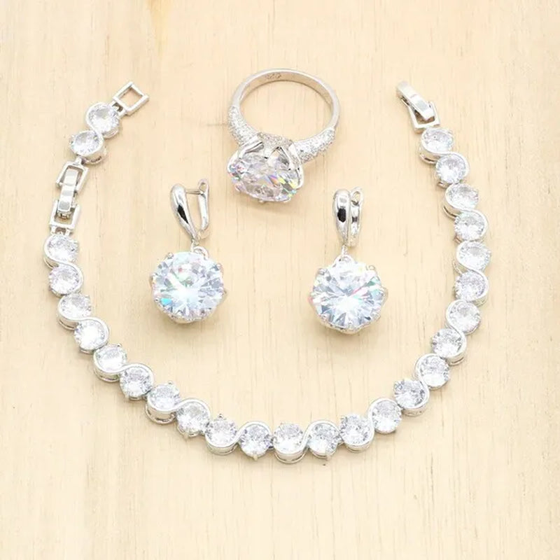 Royal Blue Stones Silver Color Jewelry Sets for Women Necklace Earrings Bracelet Ring Bridal Birthday Gift