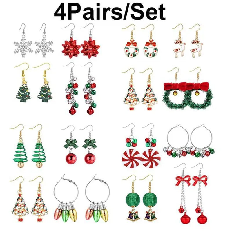 4 Pairs Christmas Earrings for Women Girls Christmas Bell Light Bulbs Hoop Earrings Christmas Tree JingleBall Snowflake Bow Flower Elk Dangle Earrings Christmas Party Jewelry Set Gift - WORLD TIME VISITS
