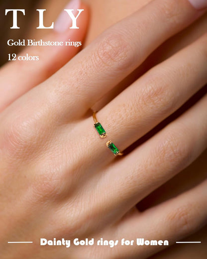 Gold Birthstone Rings for Women Non Tarnish 14K Gold Plated Stackable Rings Dainty CZ Adjustable Gemstone Emerald Green Stacking Open Thumb Ring Wedding Promise Rings Birthday Jewelry Gifts