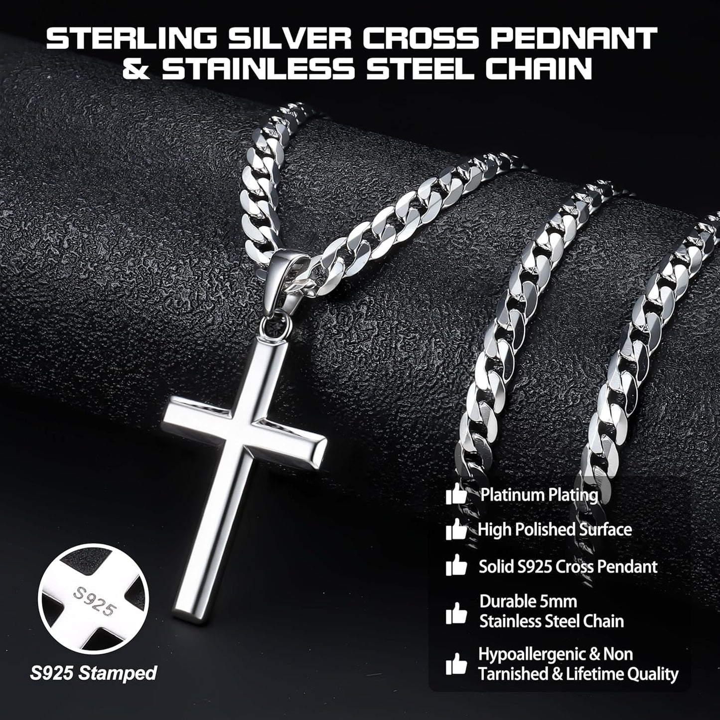 925 Sterling Silver Cross Necklace for Men Women - 5Mm Durable 316L Stainless Steel Cuban Link Curb Chain with Beveled Edge Cross Pendant, Silver Crucifix Necklaces Jewelry, 18-30'' Christian Baptism Gift