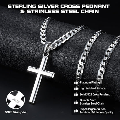 925 Sterling Silver Cross Necklace for Men Women - 5Mm Durable 316L Stainless Steel Cuban Link Curb Chain with Beveled Edge Cross Pendant, Silver Crucifix Necklaces Jewelry, 18-30'' Christian Baptism Gift