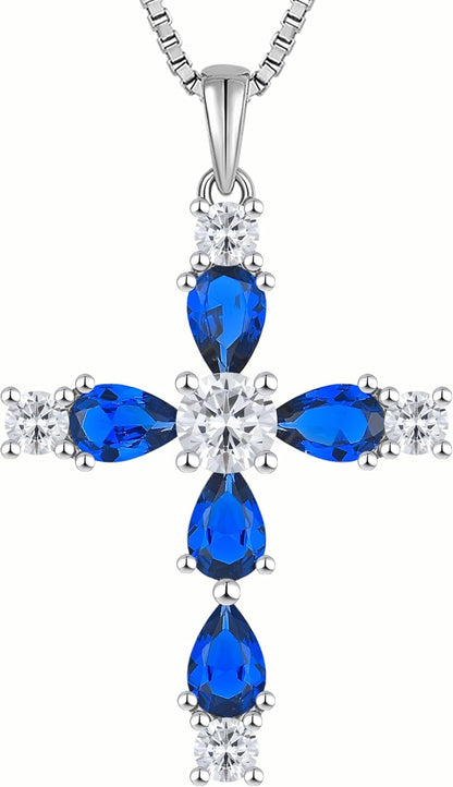 Cross Necklace for Women 925 Sterling Silver Halo Gemstone Pendant Birthstone Religious Jewelry for Mom - WORLD TIME VISITS