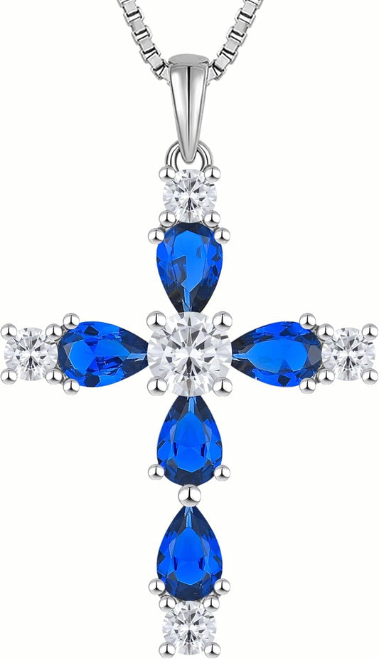 Cross Necklace for Women 925 Sterling Silver Halo Gemstone Pendant Birthstone Religious Jewelry for Mom - WORLD TIME VISITS