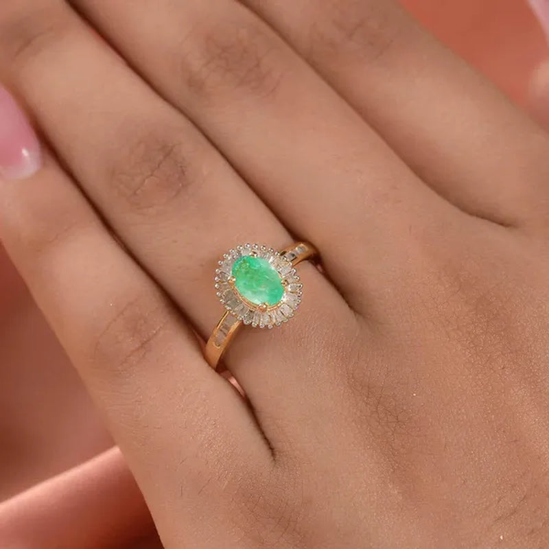 Shop LC Emerald White Diamond Oval 925 Sterling Silver Vermeil Yellow Gold Plated Halo Ring for Women Ct 0.87
