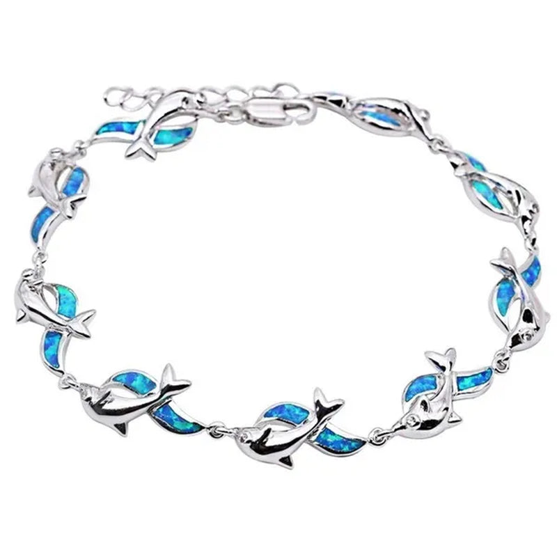 Womens Jewelry 925 Sterling Silver Dolphin Style Blue/red  Fire Opal Diamond Charm Chain Bracelet