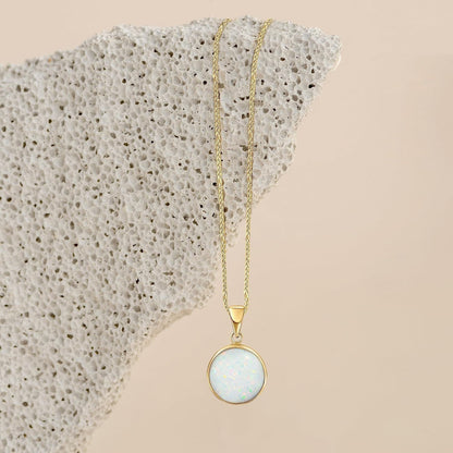 14K Gold White Opal Necklace - 14K Solid Yellow Gold Dainty Necklace with October Birthstone Pendant, 12Mm Large Size Opal Gemstone - Handmade Bridal Wedding Jewelry for Brides & Classy Women
