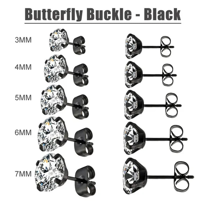 5 Pairs/Set Stainless Steel Mens Womens Stud Earrings Set round Cubic Zirconia Flat Back Earrings Piercing Ear Cartilage Hypoallergenic Men'S Earrings 3-7Mm