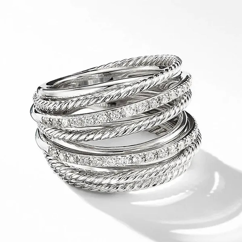Luxury Fashion Exquisite 925 Sterling Silver Multilayer Cross Dazzling White Crystal Hollow Design Ring Women Engagement Wedding Diamond Rings Jewelry Gift
