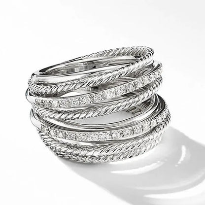 Luxury Fashion Exquisite 925 Sterling Silver Multilayer Cross Dazzling White Crystal Hollow Design Ring Women Engagement Wedding Diamond Rings Jewelry Gift