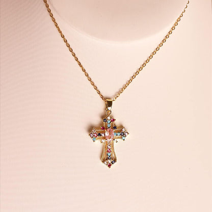 Cross Pendant Necklace for Women Girls - Gothic Catholic Christian Costume Cross Jewelry - Delicate Dainty Cubic Zirconia Rhinestone Stainless Steel Hypoallergenic Chain Christmas Gift