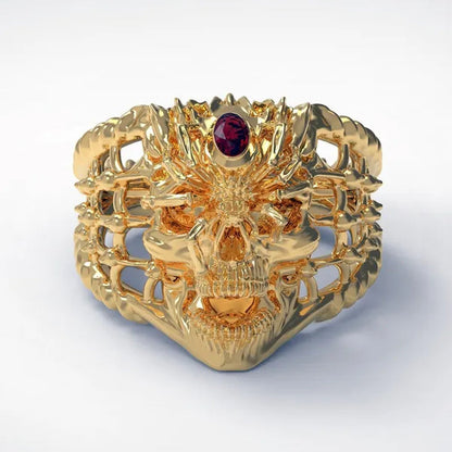 Retro Personality Two-Tone Stainless Steel Spider Skull Ring Ruby Inlay Men'S Punk Jewelry