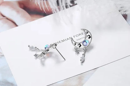 925 Sterling Silver Hollow Moon Zircon Tassel Dangle Earring Elegant Colorful Moonstone Earring for Women Jewelry