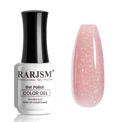 Nail Polish Nude Glitter Rose Pink Jelly Shimmery Iridescent Rainbow Pigments Sparkly Red Pink Translucent Natural Gel Polish Soak off UV LED Cured 15Ml Single Bottle