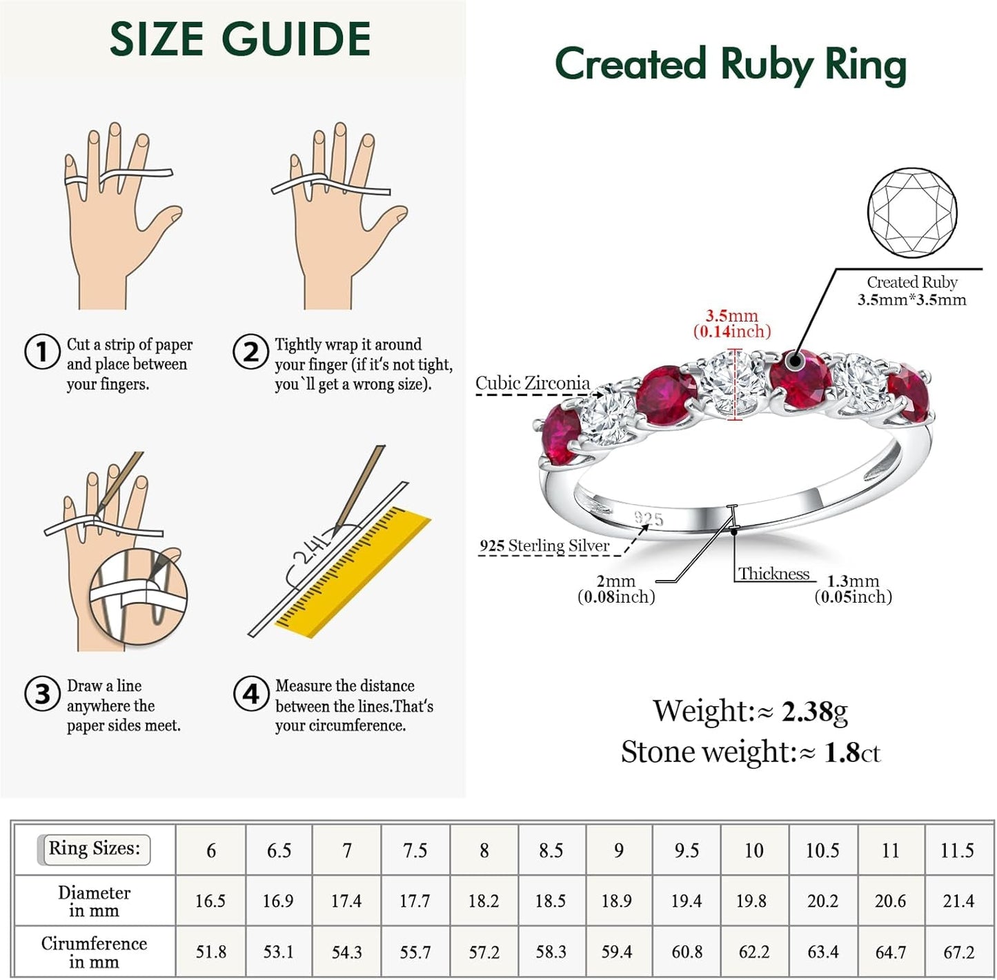 925 Sterling Silver Birthstone Rings for Women Created Gemstone Half Eternity Band 7 Stone Cubic Zirconia Wedding Band Birthstone Jewelry Size 6-10