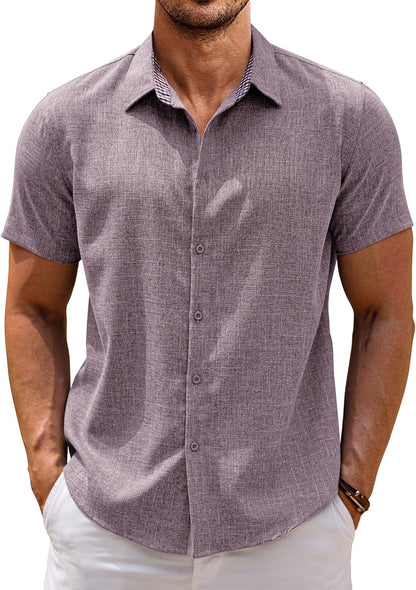 Mens Linen Shirt Short Sleeve Button down Shirts Casual Plaid Collar Summer Beach Shirts
