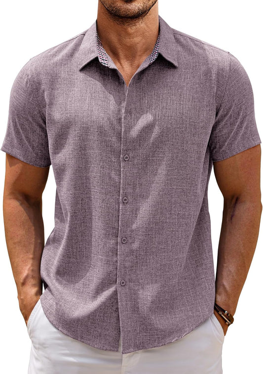 Mens Linen Shirt Short Sleeve Button down Shirts Casual Plaid Collar Summer Beach Shirts