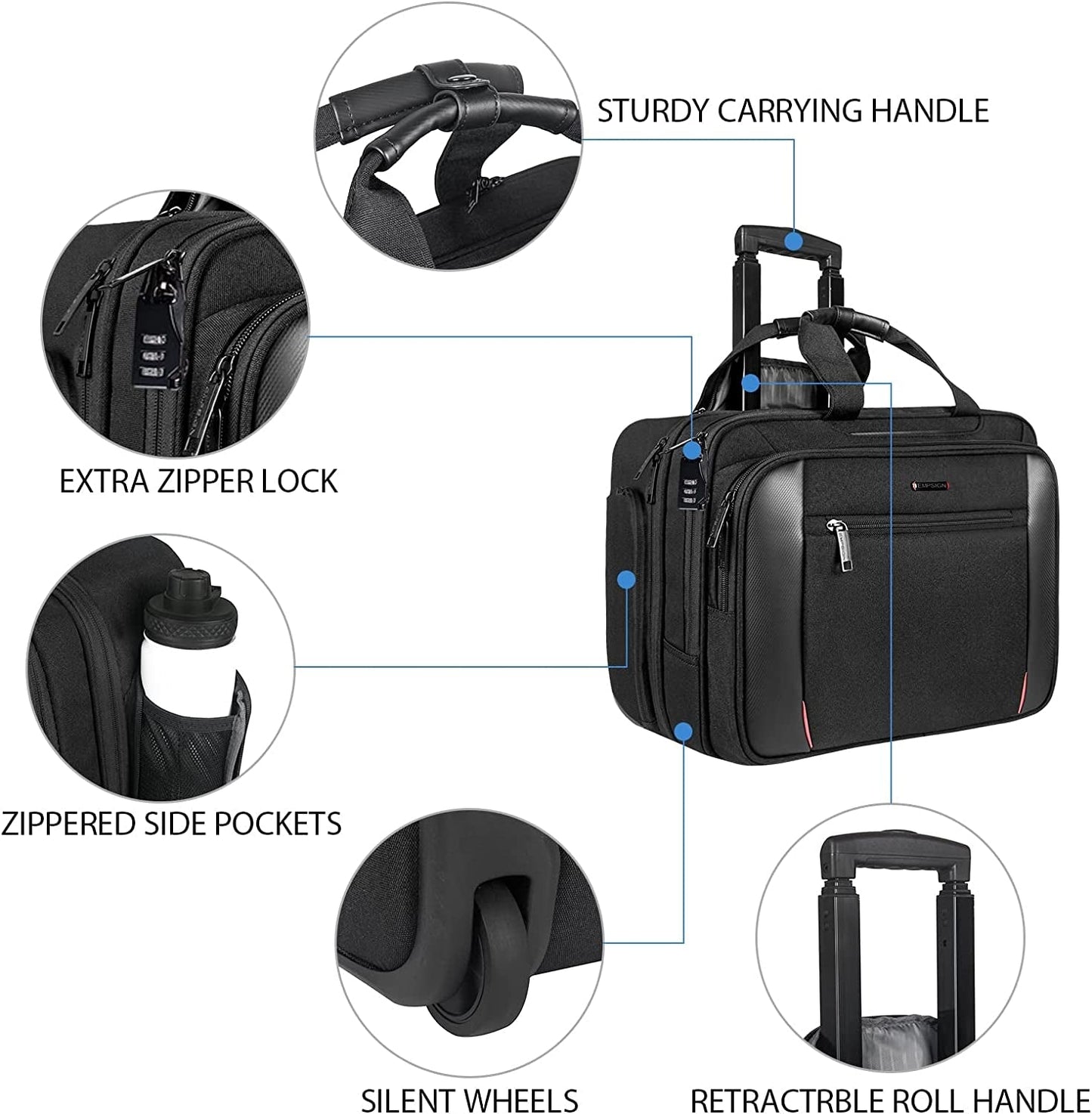 Rolling Briefcase Laptop Bag,17.3" Computer Bag with Wheels, Water Repellent Travel Roller Underseat Bag with RFID Blocking Pocket,Rolling Work Bags for Women/Men -Black