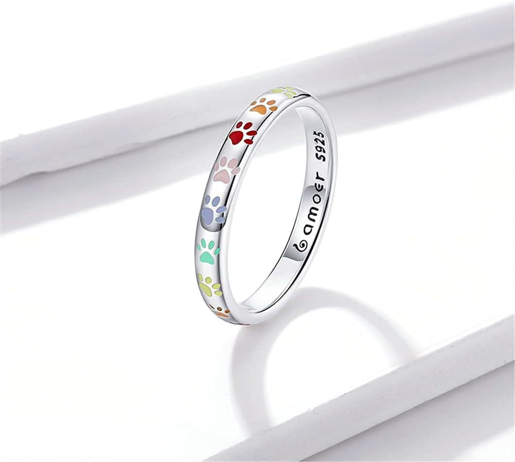 3Mm 3.4Mm Paw Print Ring S925 Sterling Silver Ring Puppy Dog Cat Paw Ring, Multicolor Pet Print Enamel Ring for Women Girls Size 5-10