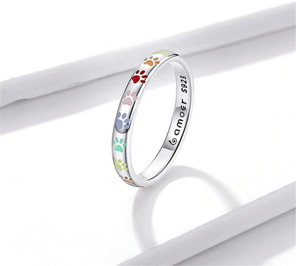 3Mm 3.4Mm Paw Print Ring S925 Sterling Silver Ring Puppy Dog Cat Paw Ring, Multicolor Pet Print Enamel Ring for Women Girls Size 5-10