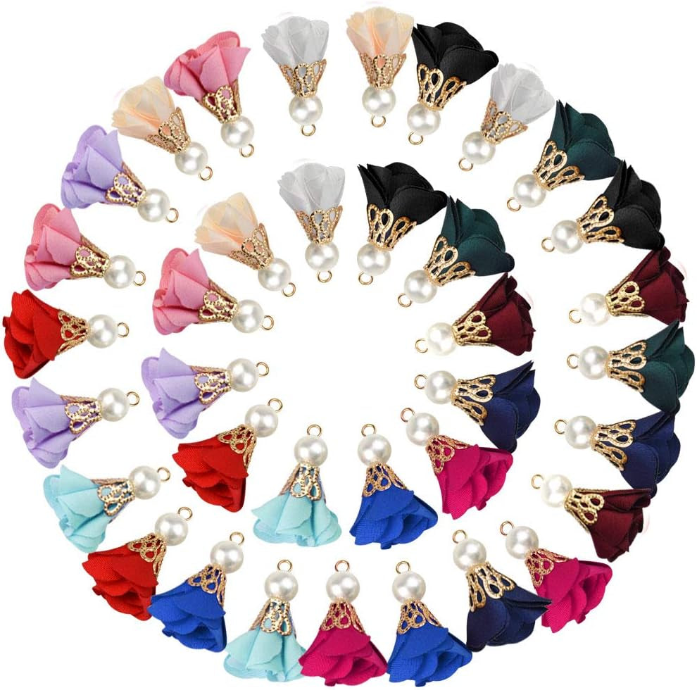 84 Pieces 12 Colors Fabric Flower Pendants Floral Cloth Tassel Jewelry Charms with Metal Caps for Earring Jewelry Making Key Chain DIY