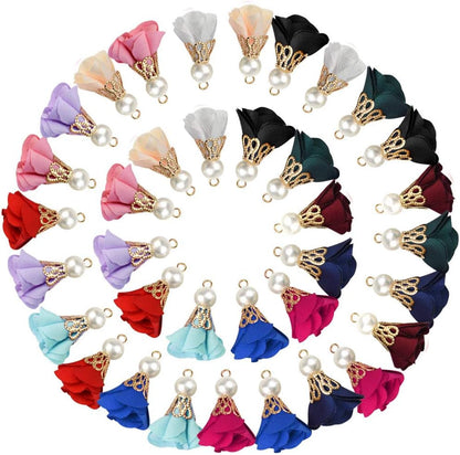 84 Pieces 12 Colors Fabric Flower Pendants Floral Cloth Tassel Jewelry Charms with Metal Caps for Earring Jewelry Making Key Chain DIY