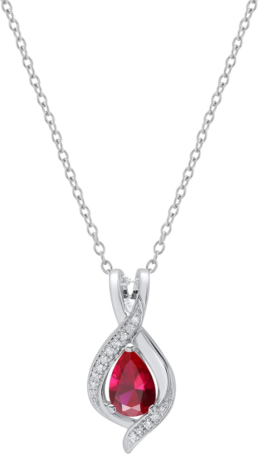 9X6 Mm Pear Lab Created Gemstone & round White Diamond Swirl Teardrop Pendant with 18 Inch Chain for Women in Gold - WORLD TIME VISITS