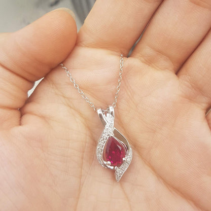 9X6 Mm Pear Lab Created Gemstone & round White Diamond Swirl Teardrop Pendant with 18 Inch Chain for Women in Gold