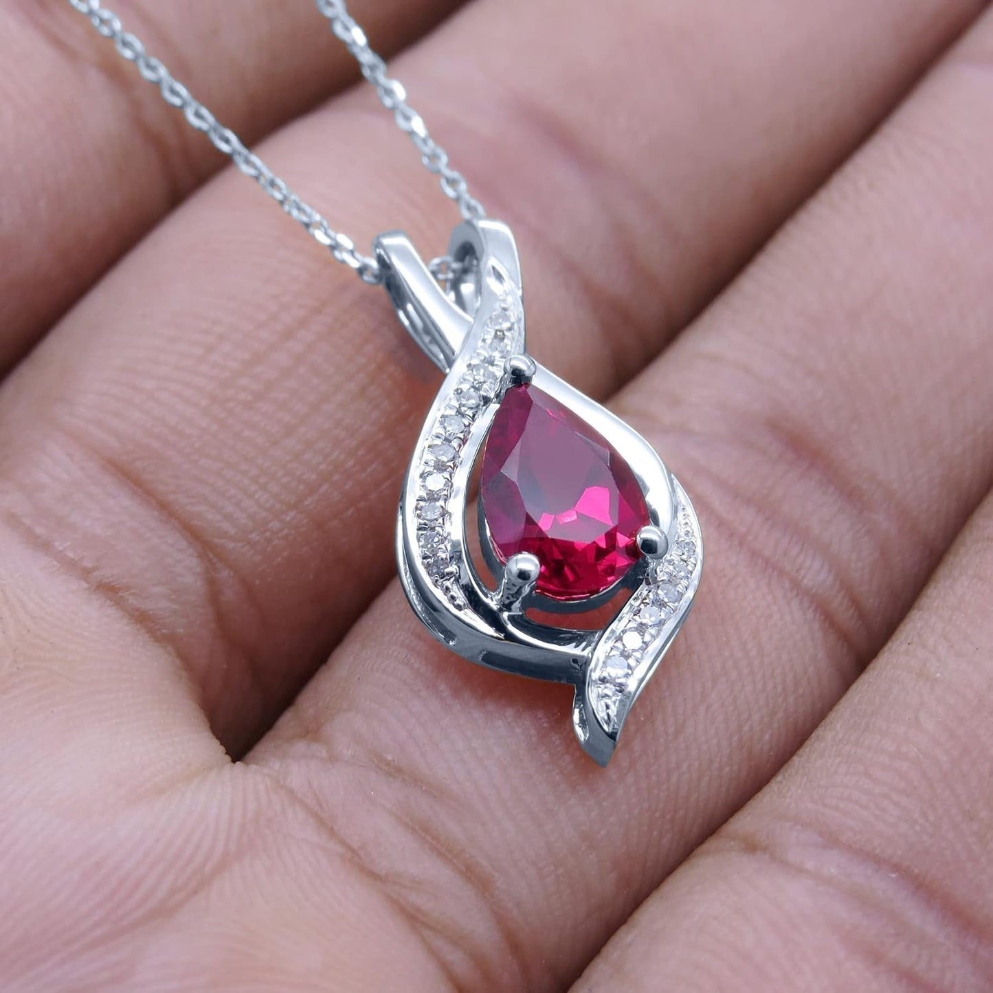 9X6 Mm Pear Lab Created Gemstone & round White Diamond Swirl Teardrop Pendant with 18 Inch Chain for Women in Gold - WORLD TIME VISITS