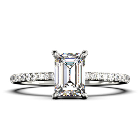 Art Deco 2.00 Carat Emerald Cut Diamond Moissanite Engagement Ring Set, Wedding Ring in 925 Sterling Silver with 18K White Gold Plating Feminine Gift, Promise Ring, Anniversary Gift