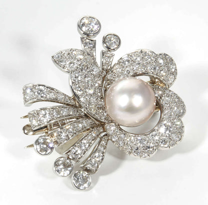 Vintage 1930s Pearl and 8.25 Carat Diamond Platinum Hair Brooch