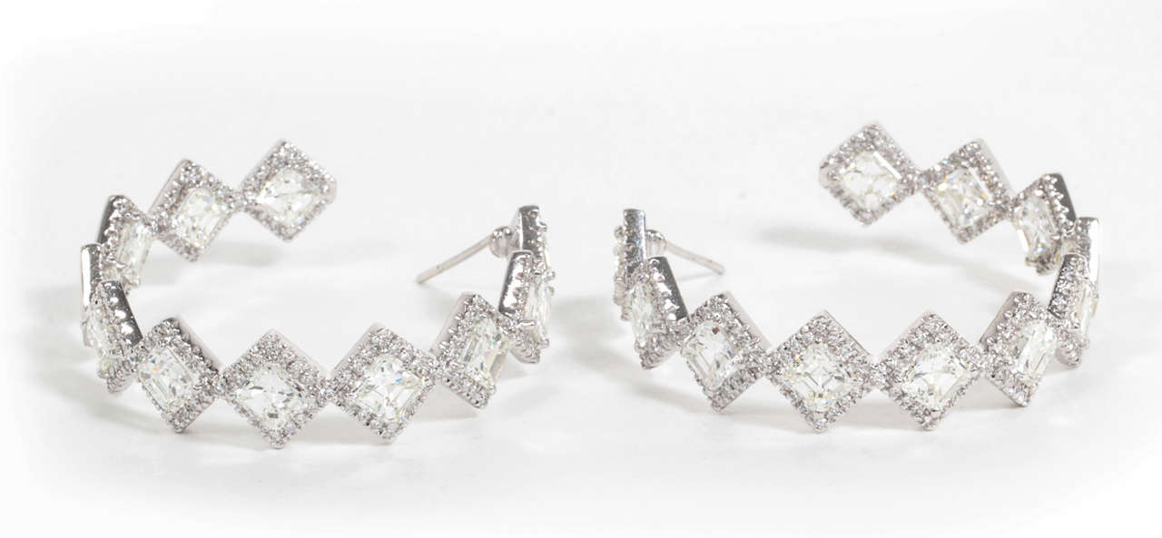 Unique 13.40ct Asscher Cut Diamond 18k White Gold Hoop Earrings
