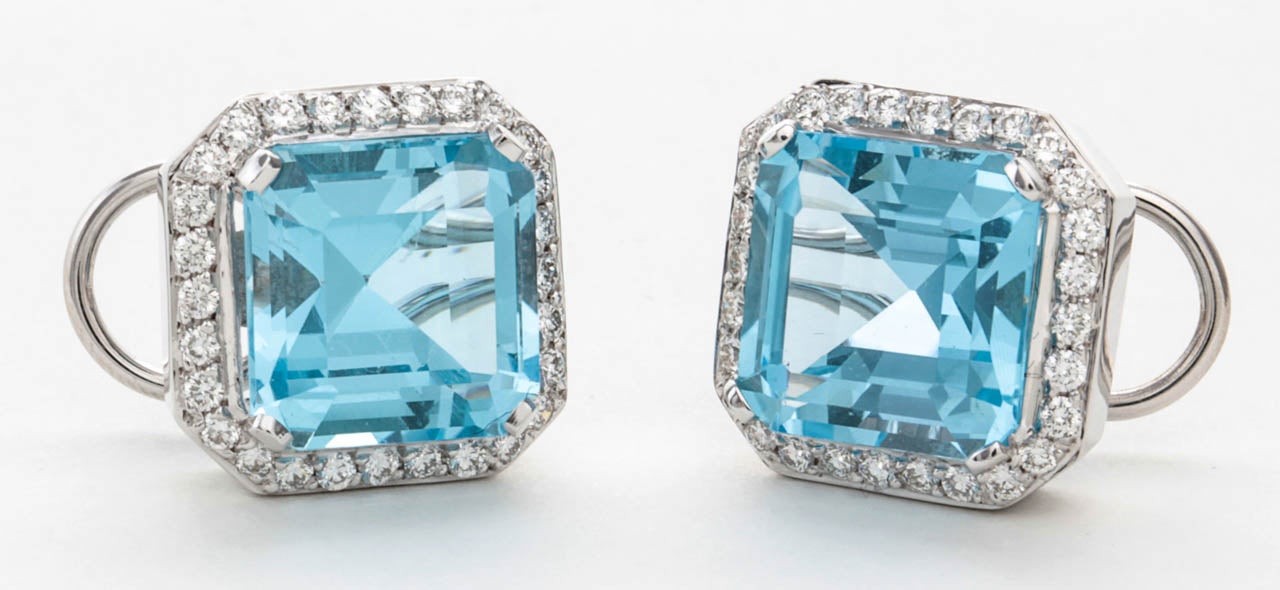 Stunning Blue Topaz Asscher Cut Diamond 18k White Gold Earrings