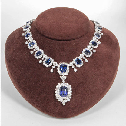 Important 75.5ct Cushion Cut Sapphire and 45ct Diamond Platinum Necklace