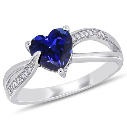 Women'S 1-7/8 Carat T.G.W. Heart-Shape Created Blue Sapphire and 0.05 Carat Round-Cut Diamond Accent Sterling Silver Heart Split-Shank Ring