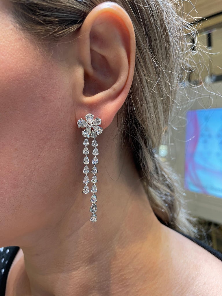18k White Gold 11.23ct Pear Diamond Flower Drop Earrings