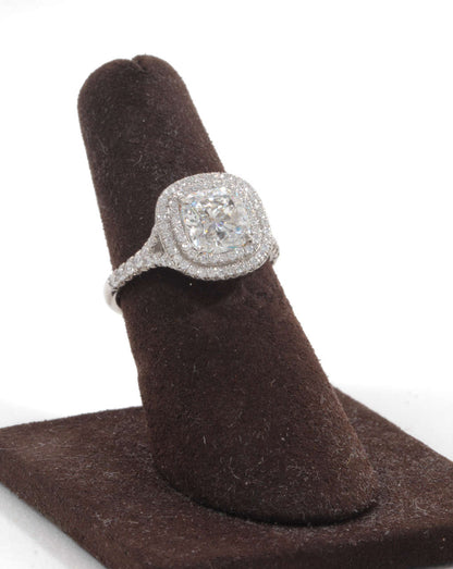 GIA Certified 2.01ct Cushion Cut Double Halo Platinum Diamond Ring