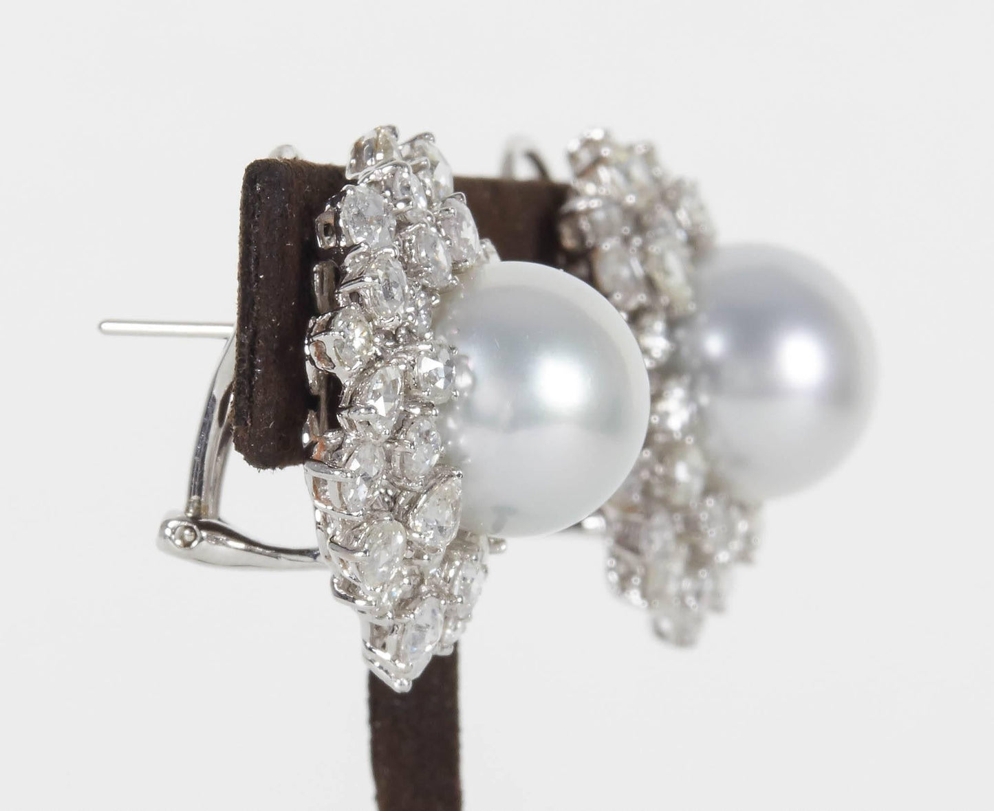 Elegant 18k White Gold Pearl and Diamond Halo Clip-on Earrings