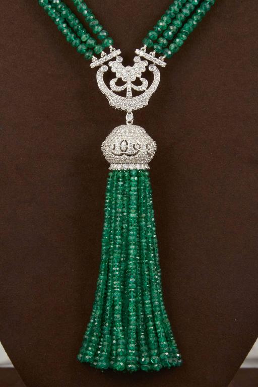 Exquisite 300 Carat Green Emerald and Diamond Tassel Necklace