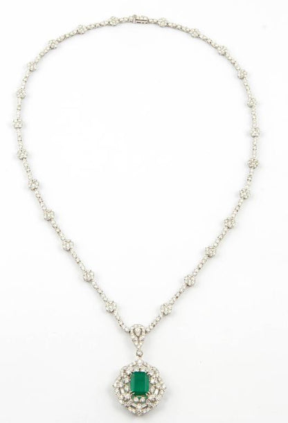 GIA 1.84ct Green Emerald and Diamond 18k White Gold Pendant Necklace